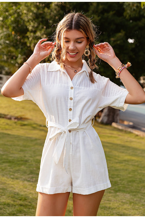 Pure Color Short-sleeved Lapel Tie Jumpsuit Casual Jumpsuit