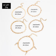 5 Pcs Gold Color Heart Crystal Key Anklets - Trendy Snake Chain Anklets