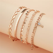 5 Pcs Gold Color Heart Crystal Key Anklets - Trendy Snake Chain Anklets