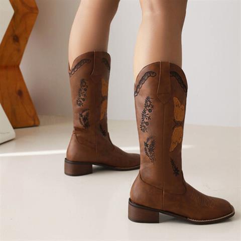 Embroidered Square Toe Mid-Heel Boots