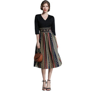 Retro Printed Color Block Embroidered High Waist Skirt