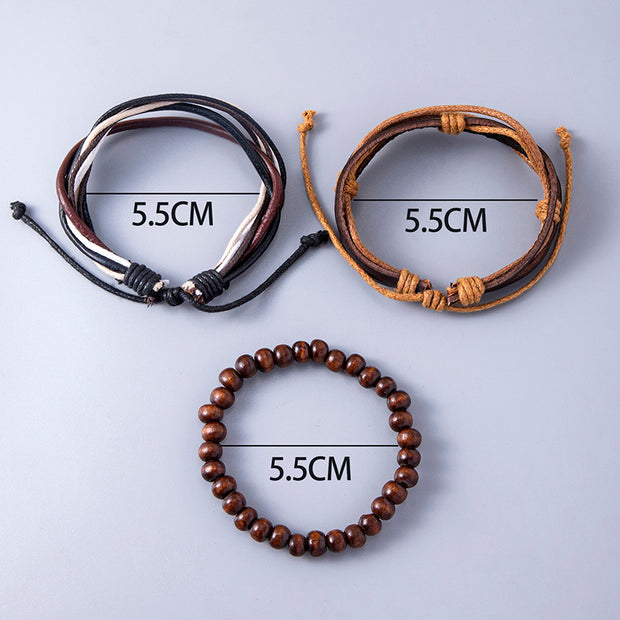 Vintage Multilayer Leather Adjustable Bracelet Wooden Beaded Bracelet Ethnic Wrap Bracelets