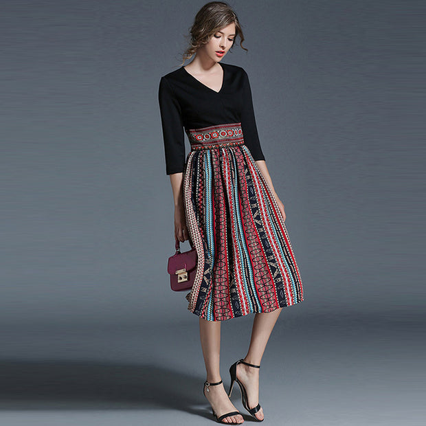 Retro Printed Color Block Embroidered High Waist Skirt