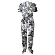 Printed V-neck Short Sleeve Jumpsuit