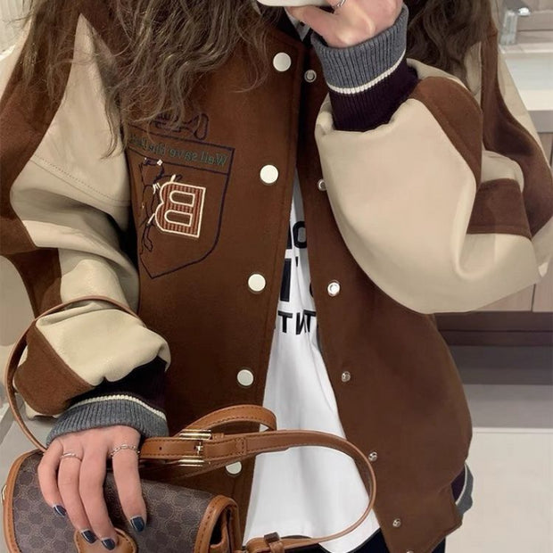 Retro Brown Baseball Jacket Loose Jacket