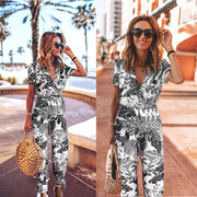 Printed V-neck Short Sleeve Jumpsuit