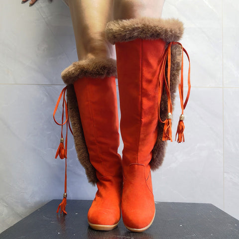 Winter Plush Long Boots Combat Boots Wedges Shoes