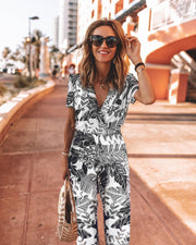 Printed V-neck Short Sleeve Jumpsuit