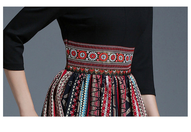 Retro Printed Color Block Embroidered High Waist Skirt