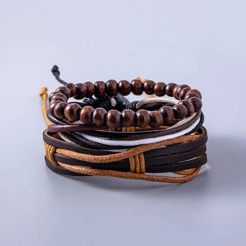 Vintage Multilayer Leather Adjustable Bracelet Wooden Beaded Bracelet Ethnic Wrap Bracelets