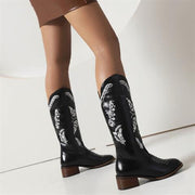 Embroidered Square Toe Mid-Heel Boots