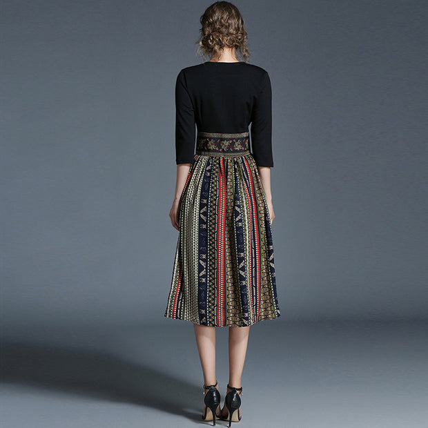 Retro Printed Color Block Embroidered High Waist Skirt