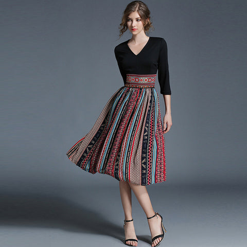 Retro Printed Color Block Embroidered High Waist Skirt