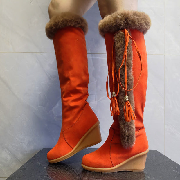 Winter Plush Long Boots Combat Boots Wedges Shoes