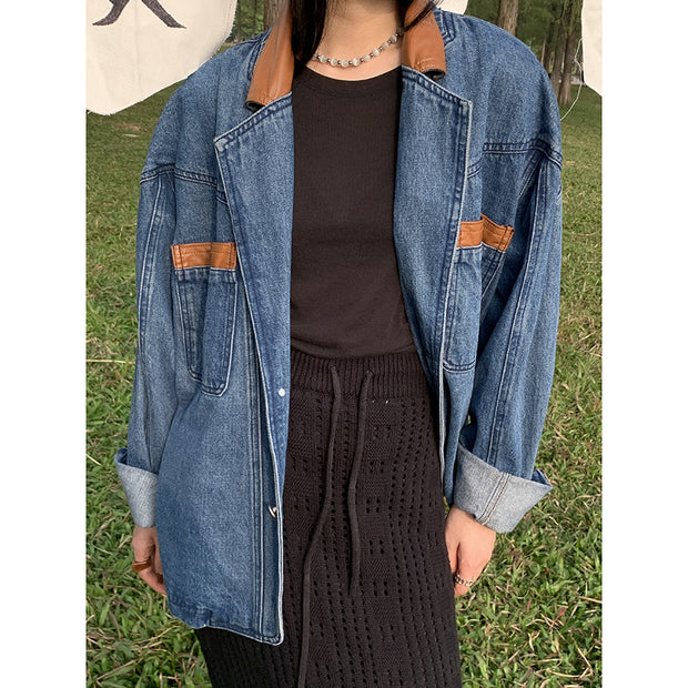 Loose PU Leather Stitching Denim Jacket