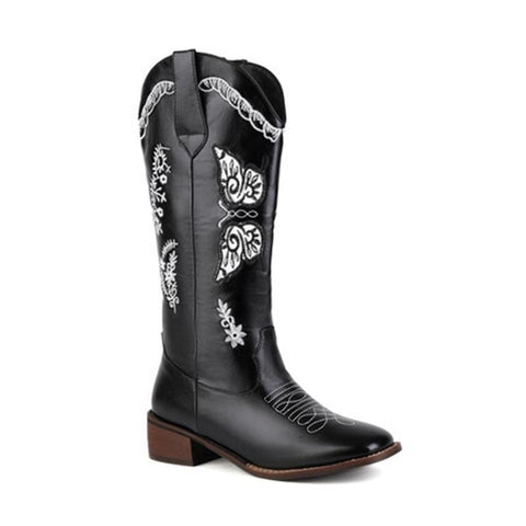 Embroidered Square Toe Mid-Heel Boots