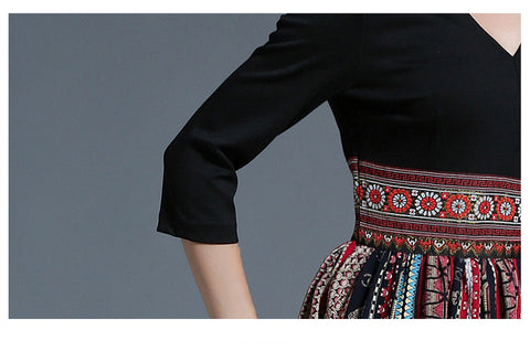 Retro Printed Color Block Embroidered High Waist Skirt