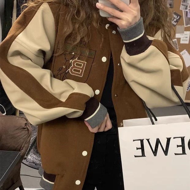 Retro Brown Baseball Jacket Loose Jacket